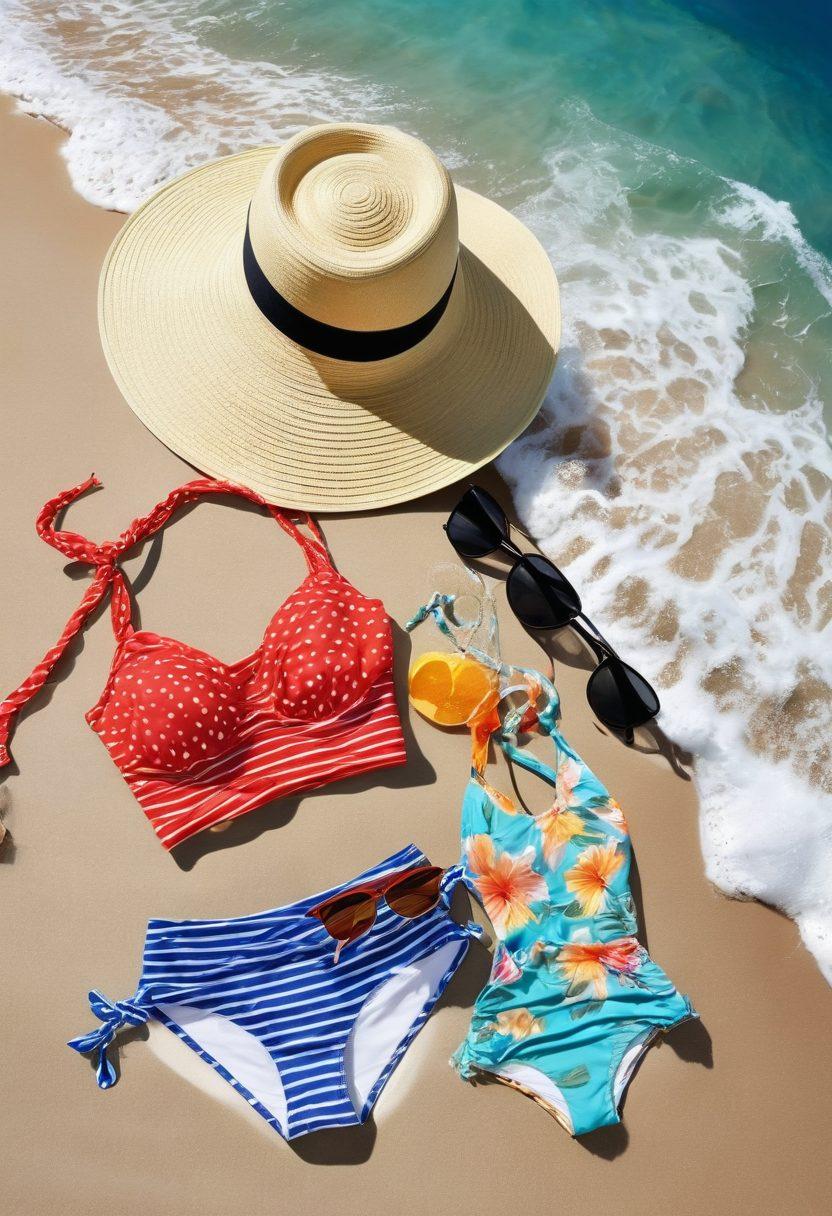 A stylish array of vibrant summer swimwear laid out on a sandy beach, featuring a variety of colorful bikinis, one-pieces, and cover-ups. Include chic accessories like oversized sunglasses, a wide-brimmed hat, and a trendy beach bag. In the background, waves gently crash under a bright blue sky with fluffy white clouds. The scene radiates warmth and fashion, inviting viewers to explore summer attire. super-realistic. vibrant colors. white background.